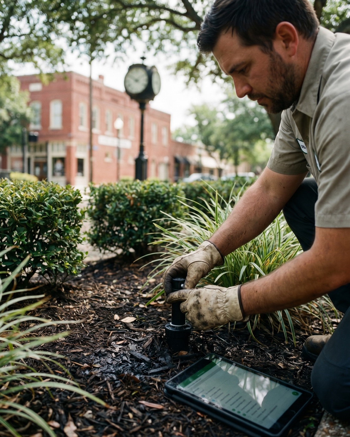 ManageMowed account manager inspecting an irrigation zone in a commercial bed near Katy's historic brick downtown