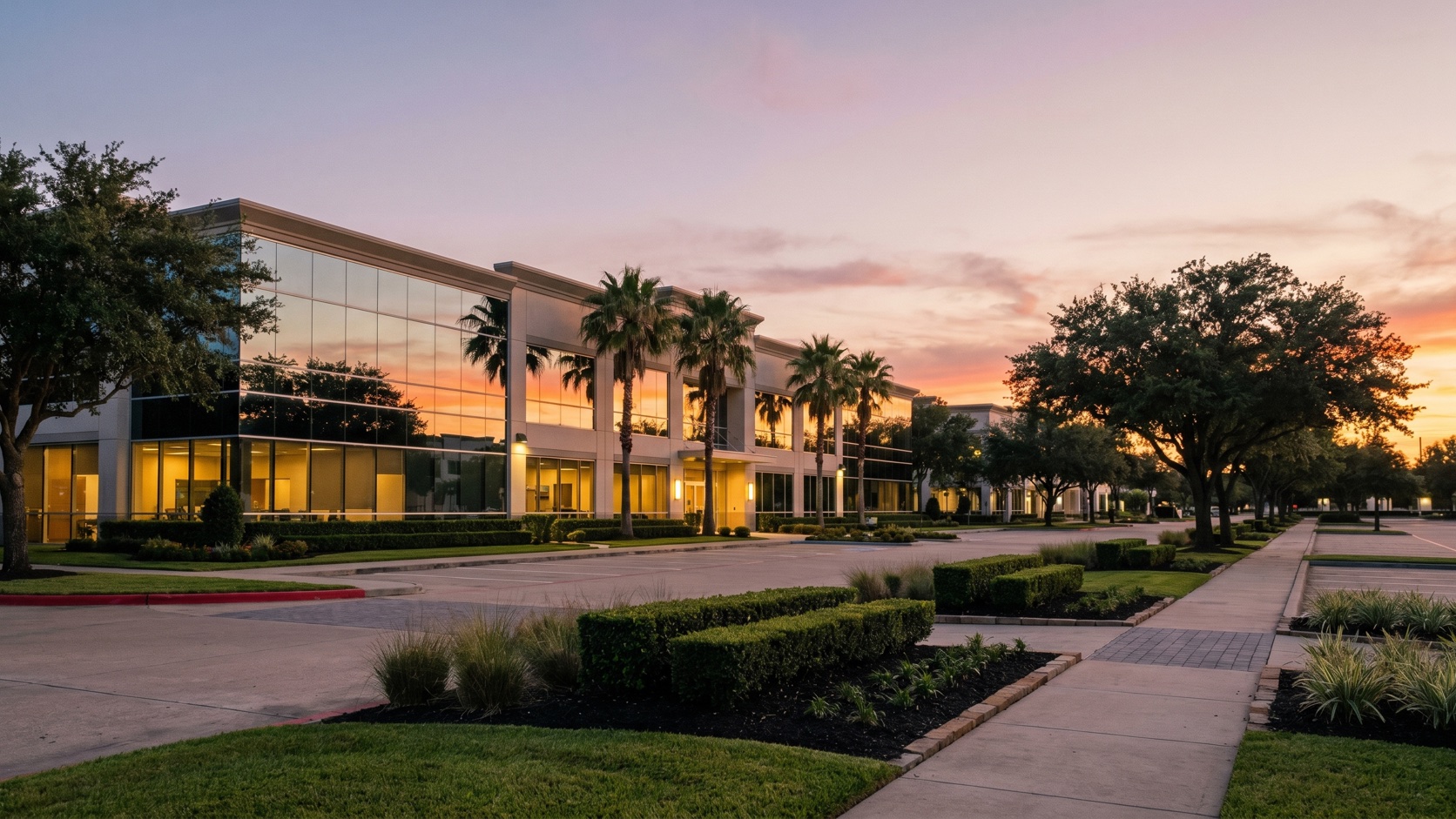 Polished commercial office exterior with crisp landscaping along the West Houston Energy Corridor at dusk